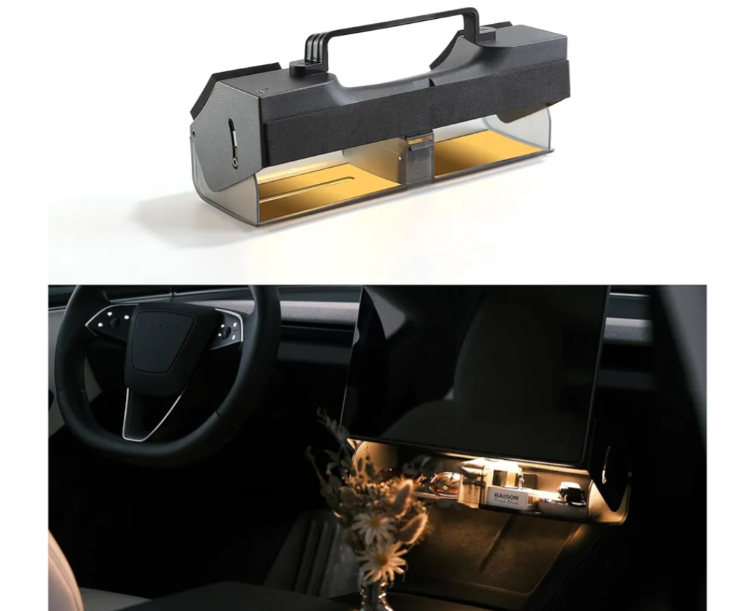 TPARTS Hidden Magnetic (Under Screen) Storage Box for Tesla Model 3 Highland 2024+/Model Y Juniper 2025+, OpenClose Design Console Organizer Dashboard Tissue Holder with Smart Warm White Light