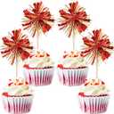 Gyufise 30Pcs Foil Firework Cupcake Toppers Sparkle Tinsel Cake Toppers Tinsel Drink Cake Decoration Cocktail Picks for Birthday Wedding Graduation Party Supplies Gold Red
