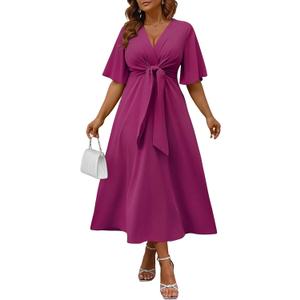 Ekaliy Women's Wedding Guest Dress,V Neck Ruffle Sleeve A Line Maxi Church | Stretchy lightweight fabric, wrap v-neck with chest tie, side pockets, curvy-friendly fit for formal cocktail events. (Pink, XXL)
