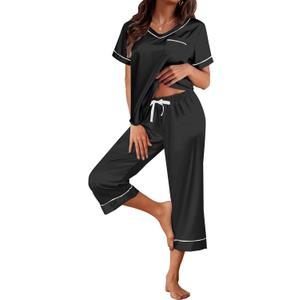 Remidoo Women's Short Sleeve V Neck Shirt With Capri Pants Satin Silk Pajama Set 2 Piece Pj Black Medium