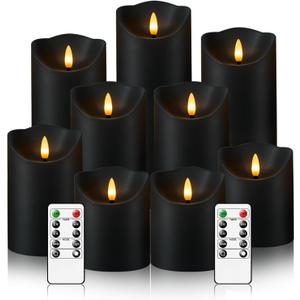 Nimiko Flameless Candles with Remote, Battery Operated Flickering Flameless Candles, LED Candles with Timer 2/ 4/ 6/ 8H, with Realistic LED Candles Set of 9 (D3 x H 3" 4" 5" 6" 7") (Black)