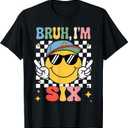 Bruh I'm Six 6 6th Birthday Groovy Boys Girls 6 Years Old T-Shirt (Black)