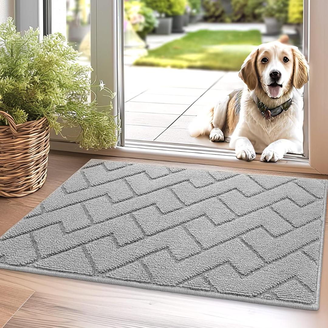 hicorfe Dirt Trapper Doormat,20"x31.5" Welcome Door mat,Non Slip Backing Washable Door Mats,Absorbent and Resistant Low-Profile Entrance Inside Floor Mat for Front Back Door and Entryway(Light Grey)