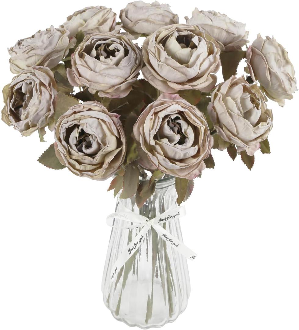 10pcs Roses Artificial Flowers Realistic Vintage Silk Fake Roses with Stem Faux Roses for DIY Wedding Bridal Bouquet Floral Arrangement Table Centerpieces Home Party Decoration (Greyish-Green)