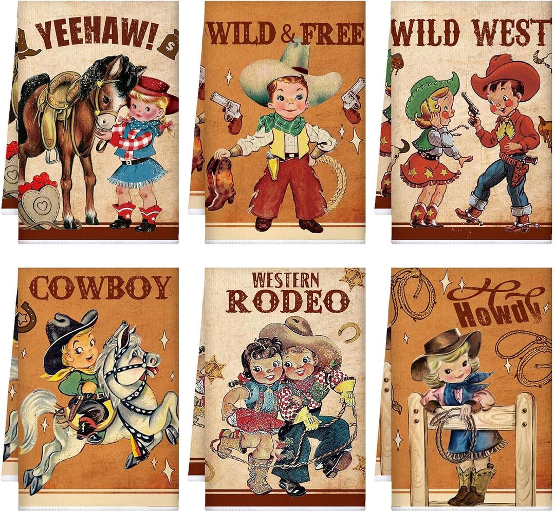 6 Pcs Vintage Western Cowboy Kitchen Towels Retro Cowgirl Dish Towels Truck Horse Hand Towels Absorbent Cowboy Cowgirl Drying Tea Towel Bathroom Housewarming Gifts for Cooking Home Decor