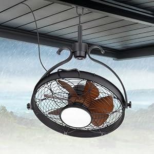 Breezary Outdoor Ceiling Fan with Light, 23.6" Weatherproof Gazebo Fan with Hanging Hook, Ultra Quiet DC Motor Black Caged Plug in Patio Ceiling Fan Downrod Mount for Pavilion Poolside Porch Pergola