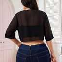Women's Plus Size Sheer Mesh Chiffon Blouses Tie Front Half Sleeve Crop Cardigan Shrug (Black, L)