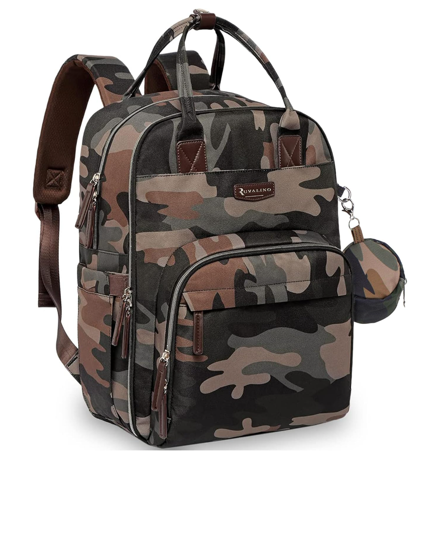 RUVALINO Diaper Bag Backpack, Multifunction Travel Pack Maternity Baby Changing Bags, Large Capacity, Waterproof, Green Camo