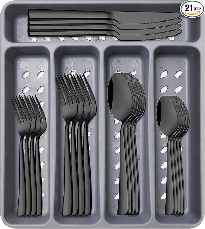 21Piece Modern Black Silverware Set with Organizer Tray Stainless Steel Eating Utensil Sets Kitchen Knives Forks and Spoons Cutlery Set Heavy Duty Tableware Flatware Sets for 4, Dishwasher Safe.tray is broken