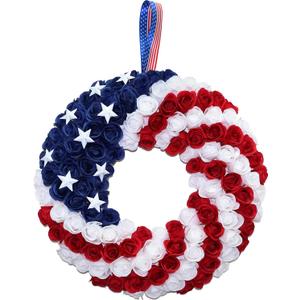 Silk Roses 4th of July Wreath - Red White Blue Patriotic Wreaths for Front Door, Memorial & Independence Day Decorations, Americana Decor for Porch Door Wall Window Indoor Outdoor 