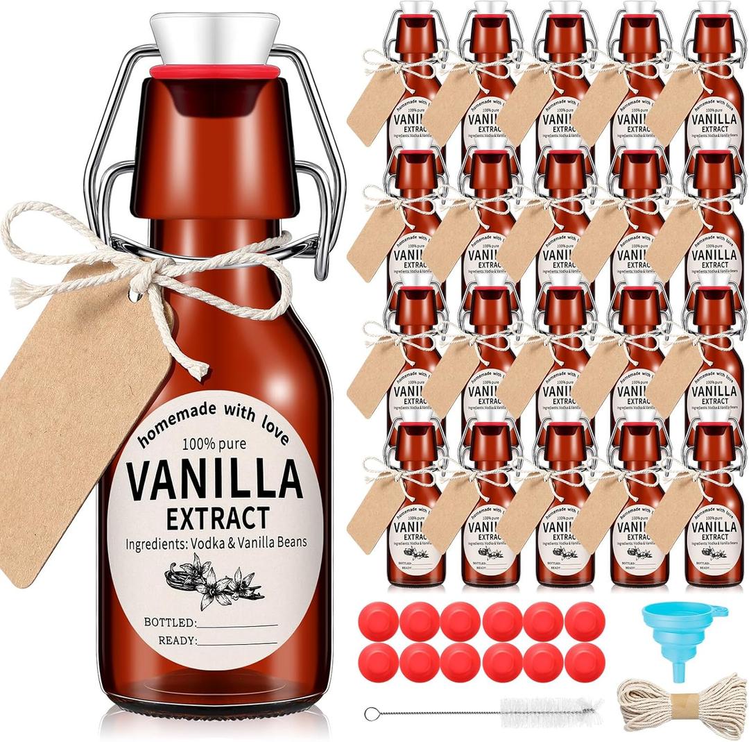 Vesici 12 Sets Swing Top Glass Bottles Set Amber Homemade Vanilla Extract Bottles Vanilla Extract Jars for Christmas DIY Crafts (4 Oz)