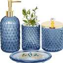 Blue Bathroom Accessories Set, 4Pcs Glass Bathroom Accessory Set Complete w/Lotion Soap Dispenser, Toothbrush Holder, Qtip Holder, Soap Dish, Gold Bathroom Decor Sets, Gift for Home Apartment