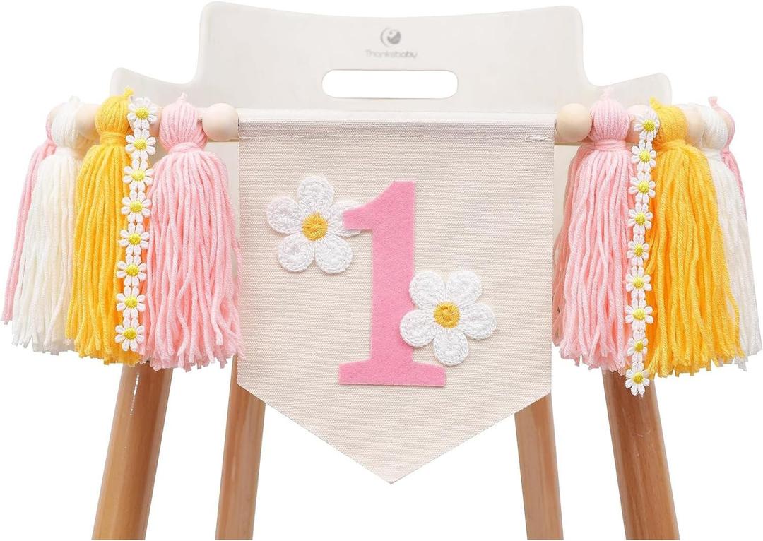 Daisy 1st Birthday Highchair Banner, Groovy Hippie Banner Daisy Boho Tassel, Boho Girls Dreamy Daisies Banner for Boho Daisy Theme First Birthday Party Decoration and Photo Props (Pink)