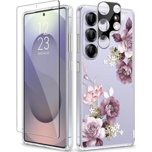 GVIEWIN for Samsung Galaxy S25 Ultra Case, [Screen & Camera Lens Protector][Non Yellowing] Floral Clear Slim Shockproof Protective Women Phone Cover for S25 Ultra 2025 6.9"(Cherry Blossoms/Purple)
