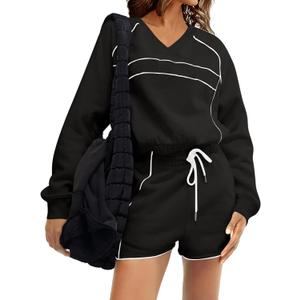 Fisoew Womens Sweatsuits 2 Piece Outfits V Neck Fleece Sweatshirts Contrast High Waisted Shorts Casual Tracksuits Lounge Sets (Black)
