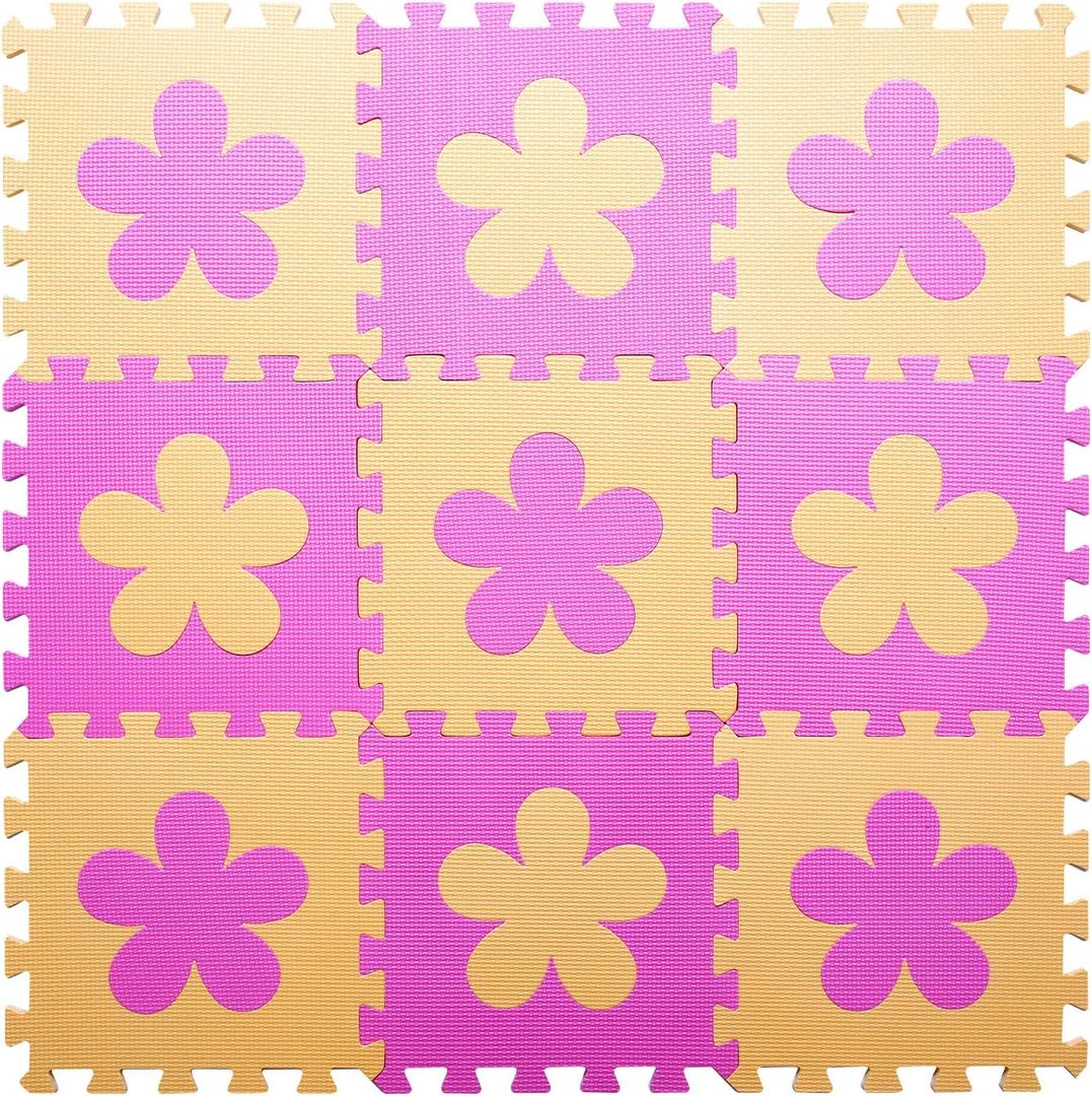 Coolcandy Baby Play Mat Without Fence, 9Pcs Interlocking Puzzle Floor Mat, 0.4" Thick Non-Toxic EVA Foam Play Mat, for Infants & Toddlers 3-36 Months, Soft Puzzle Tiles for Play Areas (Pink Flowers)