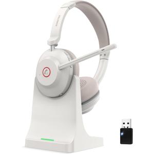 Wireless Headset, QCC 5.2 Bluetooth Headset with Microphone Noise Canceling/USB Dongle, Wireless Headphones with CVC 8.0 Dual Mic/Charging Dock for Office Remote Work Teams Meetings Computer Phone