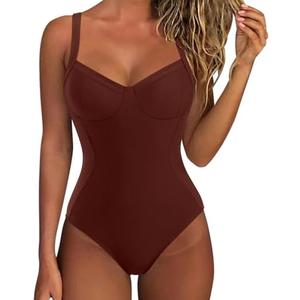 SUUKSESS Womens Tummy Control Slimming One Piece Swimsuits Sexy V Neck Crisscross Back Bathing Suits Push up Swimwear(Coffee Brown，Medium)