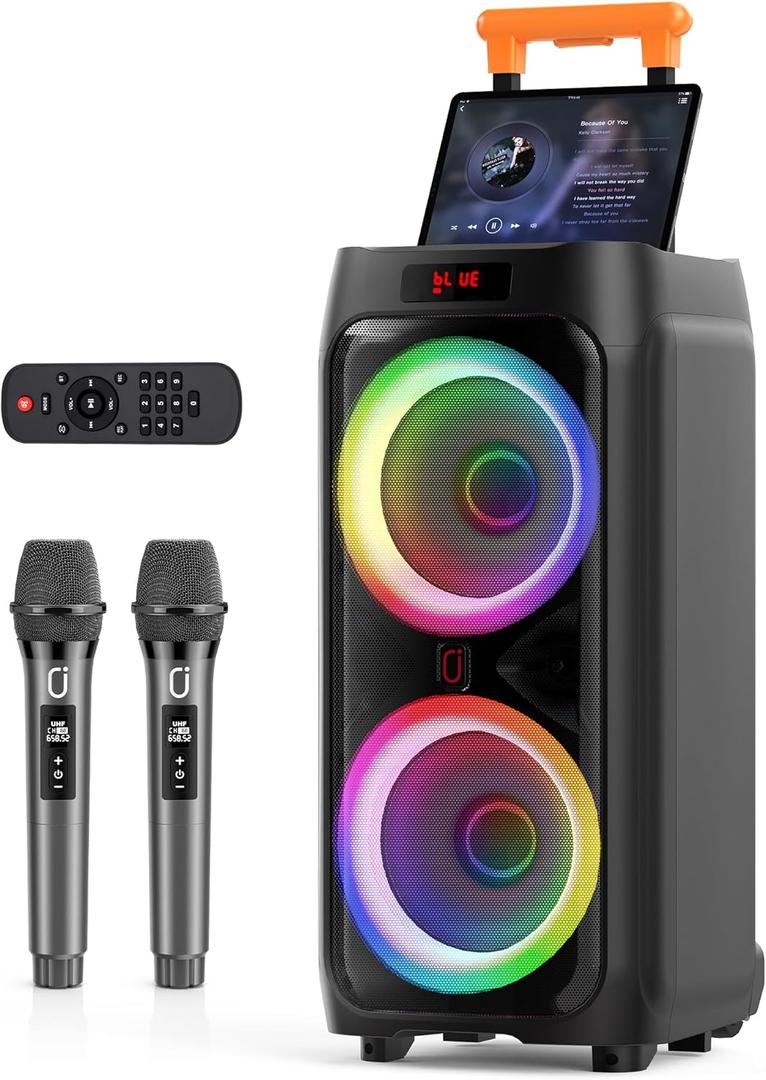 JYX Karaoke Machine with 2 Wireless Microphones, 24" Big Portable Bluetooth Speaker for Adults with RGB Light PA System Treble & Bass, Support TWS/USB/AUX/TF Card/REC, for Home Party Outdoors