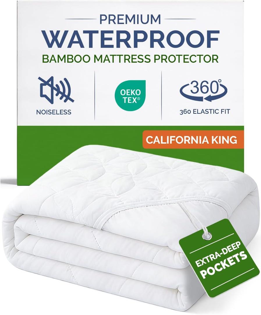 Waterproof Cooling Mattress Protector - Mattress Cover Cal King Size - Viscose Made From Bamboo - Soft, Breathable, Noiseless & Washable - Fitted Sheet Style & All Round Protection - (72" x 84") White