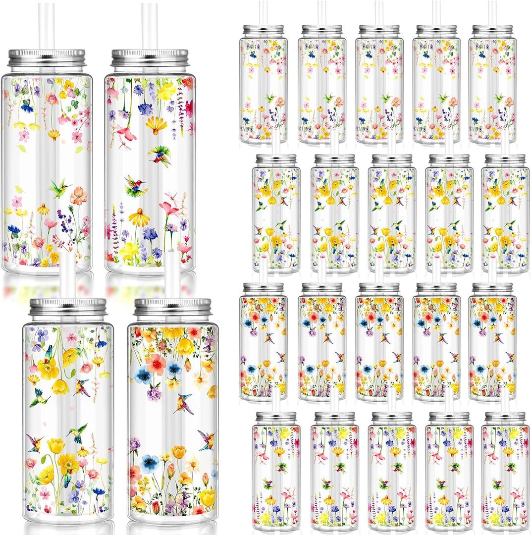 Honeydak 24 Pcs Plastic Cups with Lids and Straws Clear 13.5 oz Reusable Party Drinking Tumbler for Summer Halloween Party Decoration Supplies(Wildflower)