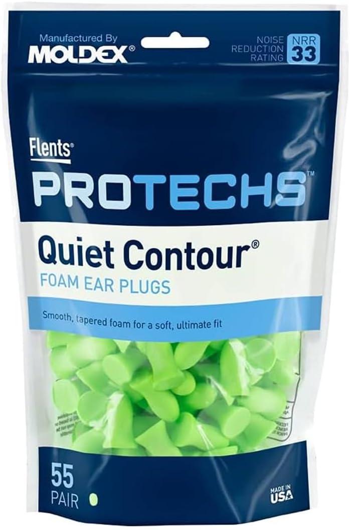 Flents Protechs Foam Ear Plugs, 55 Pair for Sleeping, Snoring, Loud Noise, Traveling, Concerts, Construction, Studying, Shooting, Work, Contour to Ear, Noise Reduction, NRR 33, Green, Made in the USA