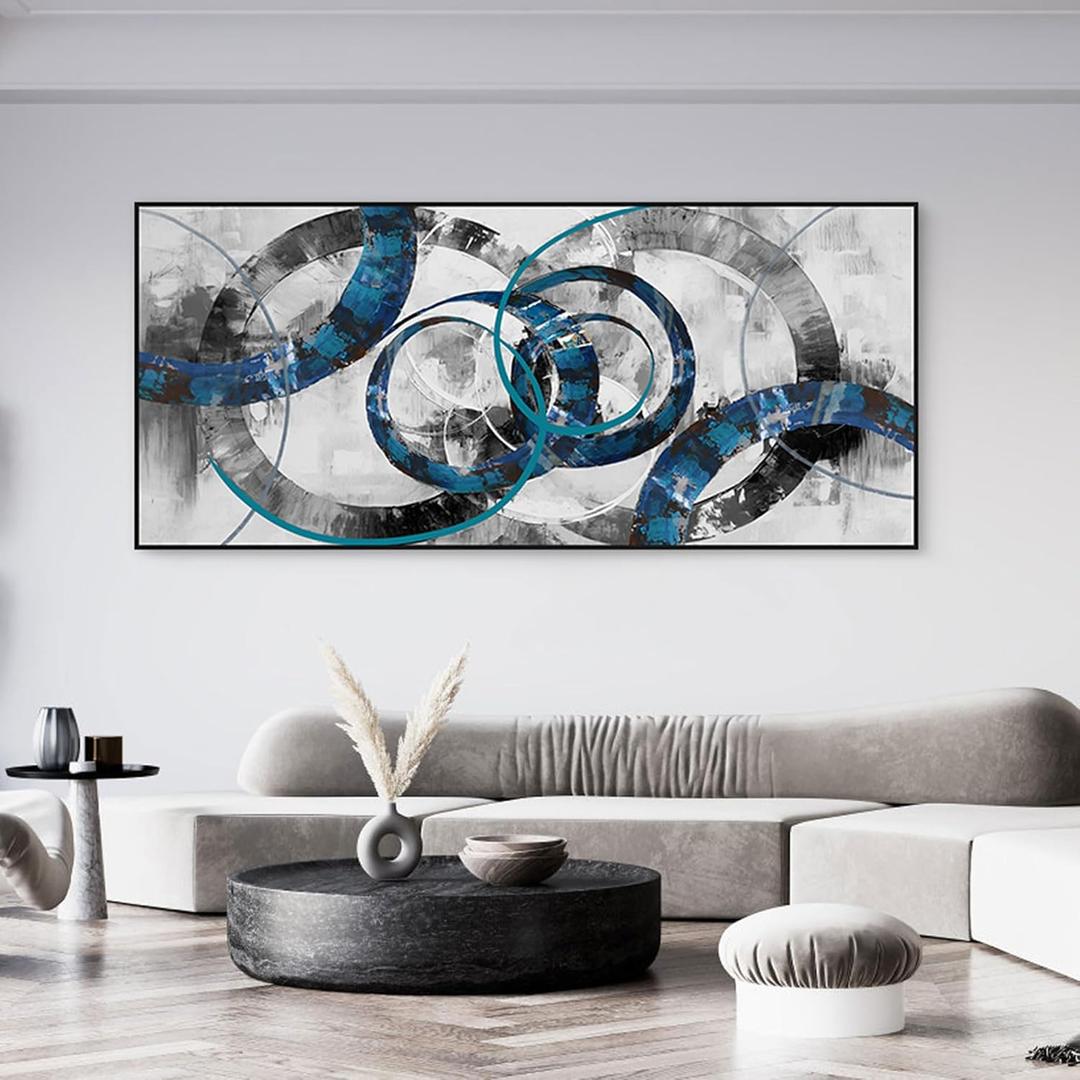 XLSJERST Extra Large Blue Abstract Canvas Wall Art - Modern Art Wall Decor for Living Room, Bedroom, Office (Blue and Gray-Black frame)