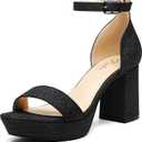 Putu Womens Rhinestone Heeled Sandals Glitter Chunky Heeled Sandals Open Toe Dressy Sandals for Wedding, Prom, Event (Black, 9)