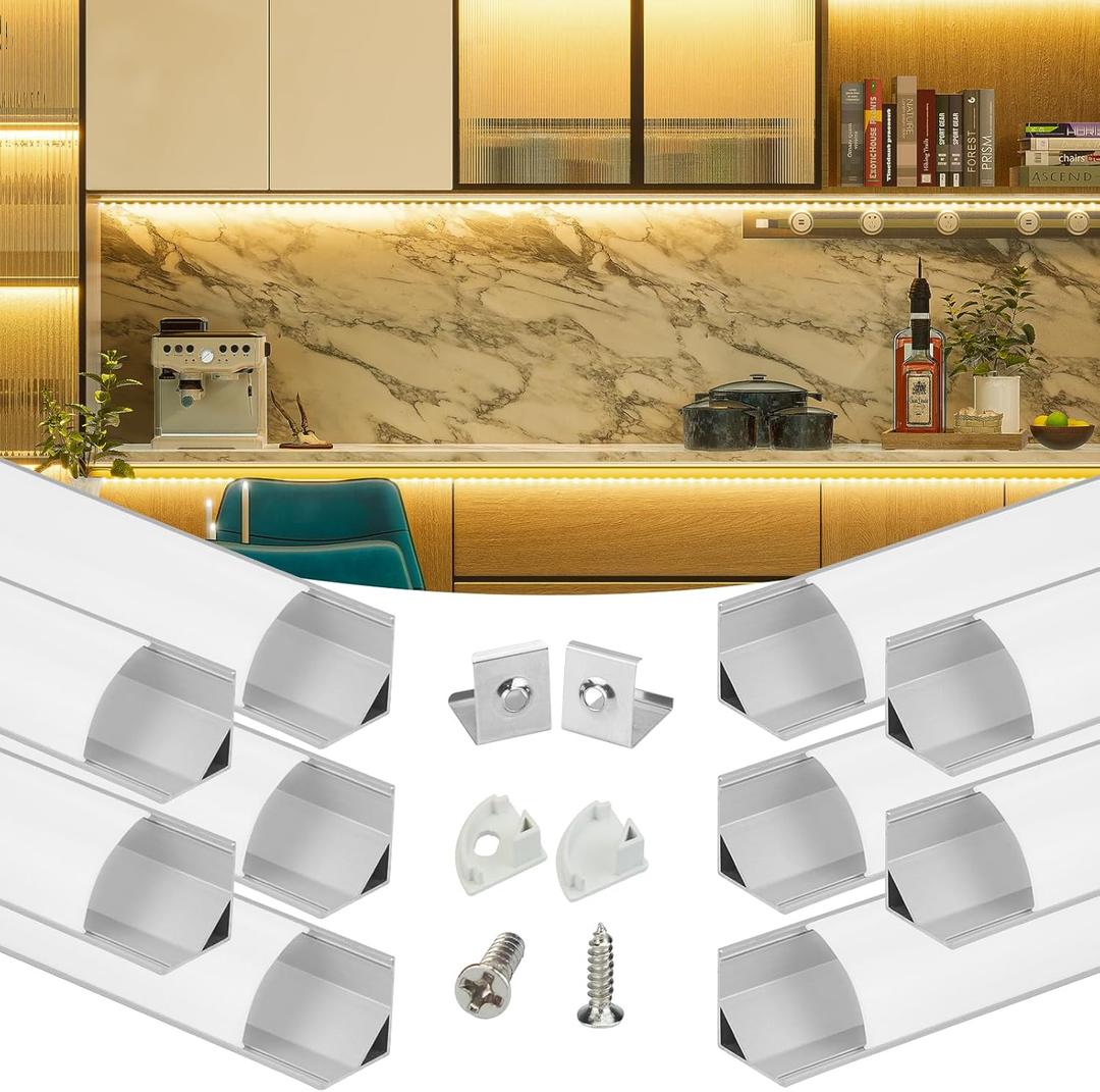 Muzata 10Pack 6.6FT/2M V Shape LED Channel Silver Aluminum LED Strip Diffuser Channel with Milky White Cover Frosted Corner Lighting Easy Installation V1SW WW 2M