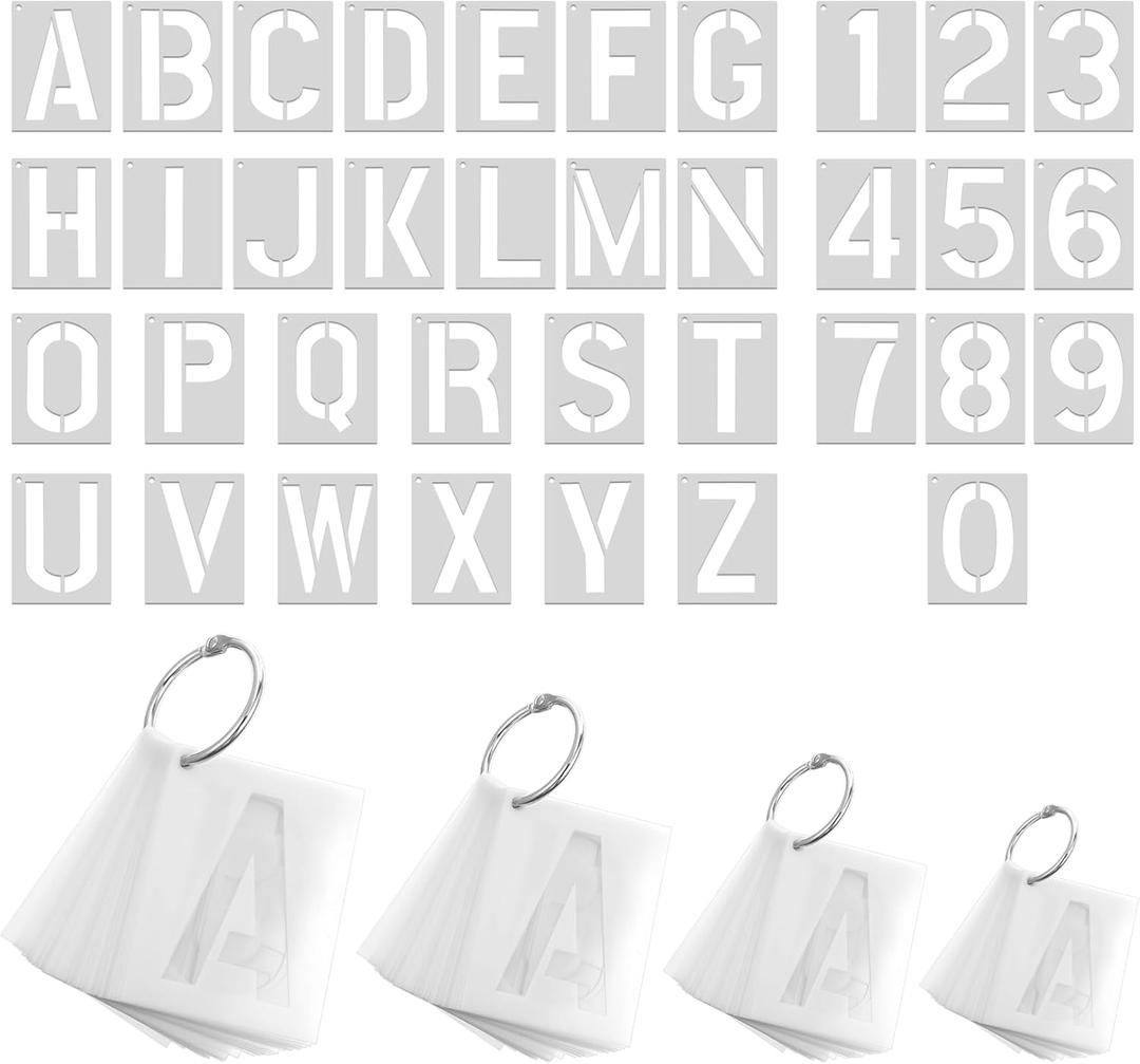 144 Pcs Letter and Number Stencils 4 Sizes Alphabet Number Templates, Alphabet Art Craft Stencils, Reusable Plastic Letters and Numbers Stencil Set, for Wood, Wall, Fabric, Rock, Signage(1,2,3,4 Inch)