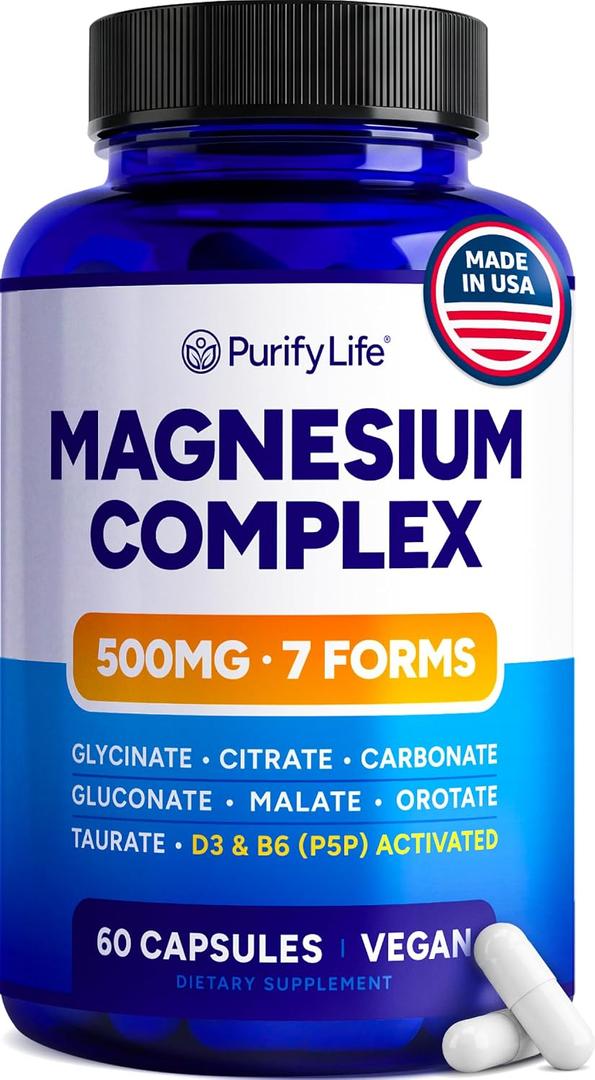 PurifyLife Magnesium Glycinate Complex for Women & Men with Vitamin D3 & B6, 60 Capsules