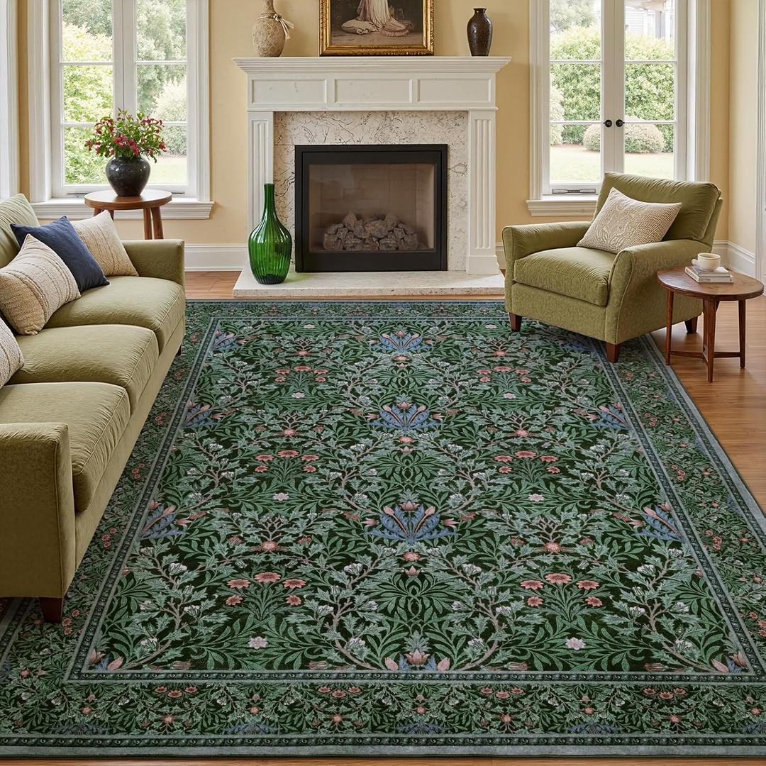 Area Rug 7x9 Living Room Rugs, Washable Vintage Floral Large Soft Non Slip Thin Rug Low Pile Green Area Rug for Bedroom Dining Room Kids Playroom Office Decor Indoor, Dark Green