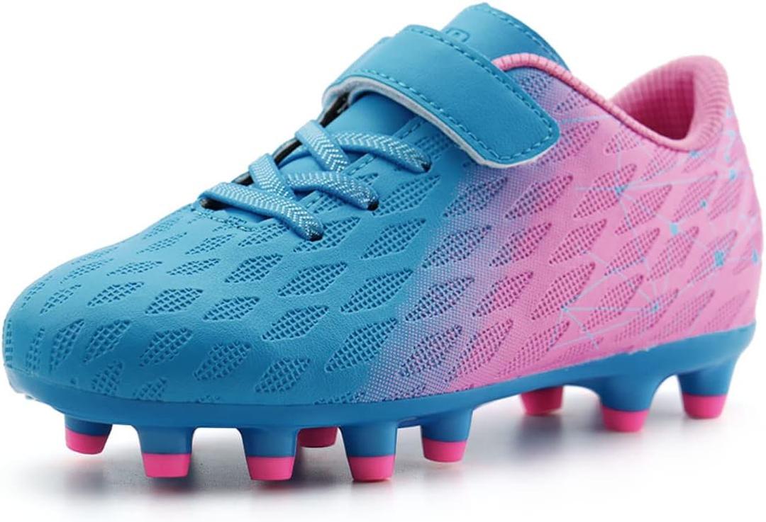 brooman Kids Firm Ground Soccer Cleats Boys Girls Athletic Outdoor Football Shoes(11.5,Blue Pink)