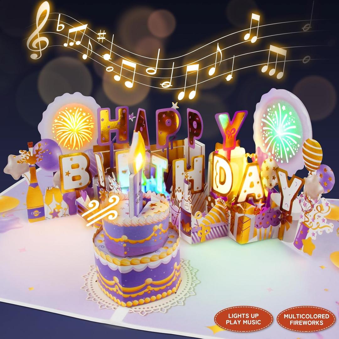 XTF2015 Firework Birthday Cards Music & LED Lights 3D Pop Up Greeting Card with Blowable Birthday Cake, Comes with Digital DIY, Sticky Note and Envelope, for Lover, Family and Friend