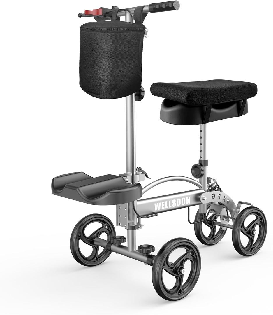 Knee Scooter with Cushion Foldable Knee Scooter for Adults for Foot Surgery with Bag Steerable Knee Walker with Adjustable Footrest Crutch Alternative Grey