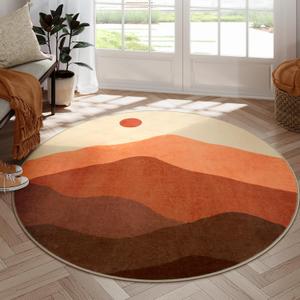 Round Rugs 6ft, Abstract Circle Area Rug Non-Skid Washable Round Living Room Rug, Large Classroom Rug Mountain Print Accent Carpet for Bedroom Nursery Dining Room, Size 6' (Round) (Brunt Orange)
