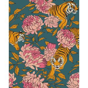 Fvlow Tiger Wallpaper Peelable with Vintage Pink Flower Peel and Stick 17.4" x 118" Jungle Floral Contact Paper Tropical Self Adhesive Retro Covering for Bedroom Cabinet Bathroom Mural Wall Decor