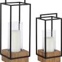 Kate and Laurel Brandt Farmhouse Two-Piece Candle Holder Set; 7 x 7 x 19; Hazelnut and Black; Transitional Wood and Metal Lantern Candle Holders for Fireplace Mantel Display