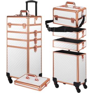 Rolling Makeup Case, Makeup Train Case with Lid, 5 in 1 Cosmetology Case on Wheels, Christmas Gift, Large Makeup Organizers, Profesional Cosmetic Case for Salon Barber, White Gold