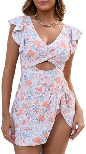 MFAVIP Women One Piece Swim Dress Tummy Control Swimsuits V Neck Ruffle Bathing Suit Cutout Wrap Side Tie Swimwear with Skirt, Large