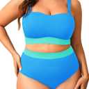 Tempt Me Women Plus Size High Waisted Bikini Bandeau Two Piece Swimsuit (Blue Green Colorblock)