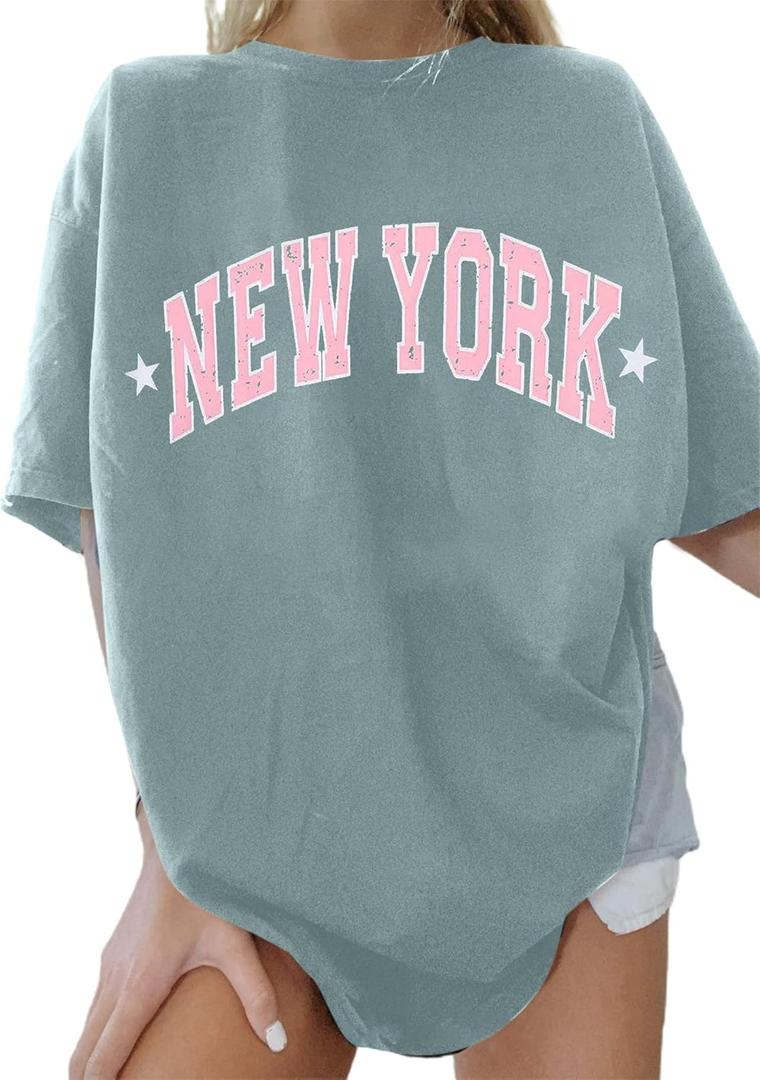 Avanova Short Sleeve New York Graphic Print Casual Summer T Shirt Women Oversized (Medium, New York Tea Green)