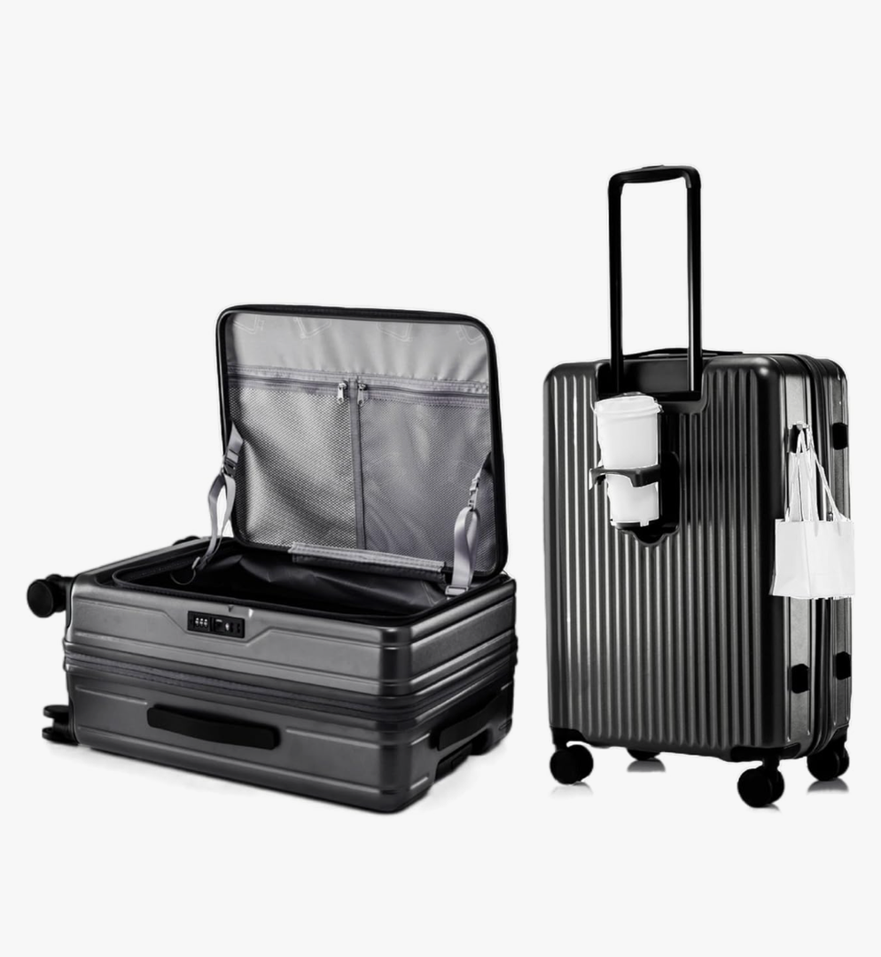 HotWay 20 Inch Expandable Carry On Luggage with Cup Holder, Hardside TSA Approved Luggage with Spinner Wheels, Top Opening Suitcase For Travel, Black