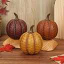6 Inch Large Artificial Pumpkins, 3 Pcs Fall Pumpkin Decor Orange Clay Brown Dark Red Faux Resin Pumpkins Woven Pumpkin Centerpiece for Rustic Farmhouse Fall Thanksgiving Autumn Harvest Table Decor