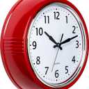Bernhard Products Retro Wall Clock 9.5 Inch Red Kitchen 50's Vintage Design Round Silent Non Ticking Battery Operated Quality Quartz Clock