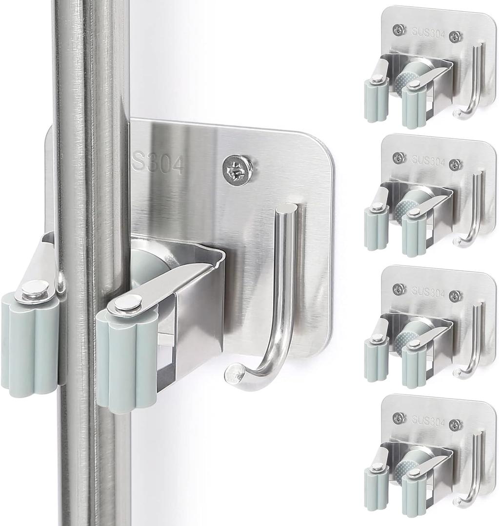 Broom Holder Wall Mount Screw Drilling, Sturdy Heavy Duty Stainless Steel Mop Gripper Rack Perforated, Perfect for Laundry Room Organizer, Fit with Laundry Kitchen Garage Garden Storage System (Silver)