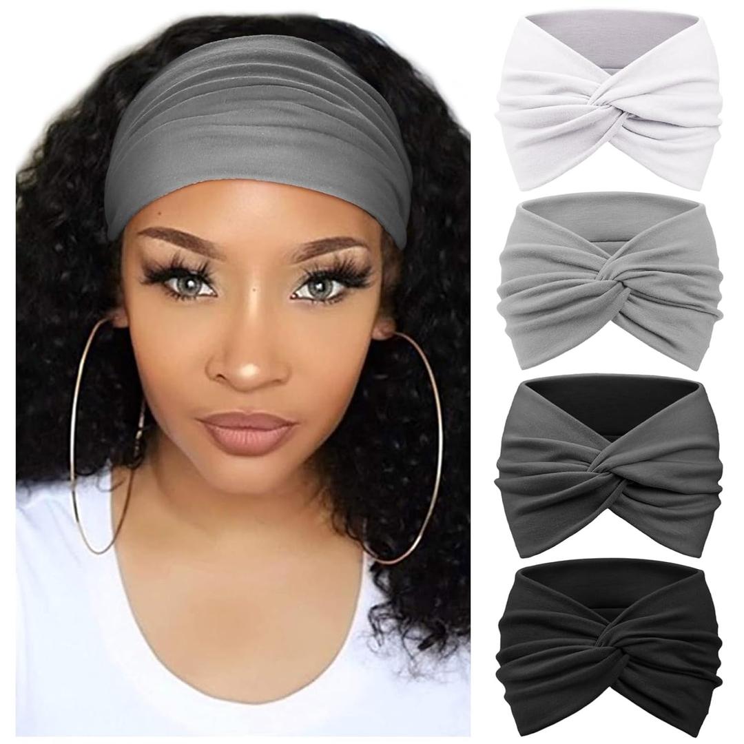 DRESHOW 4 Pack Turban Headbands for Women Wide Vintage Head Wraps Knotted Cute Hair Band Accessories (4 Pcs: Black/Dark Grey/White/Grey)