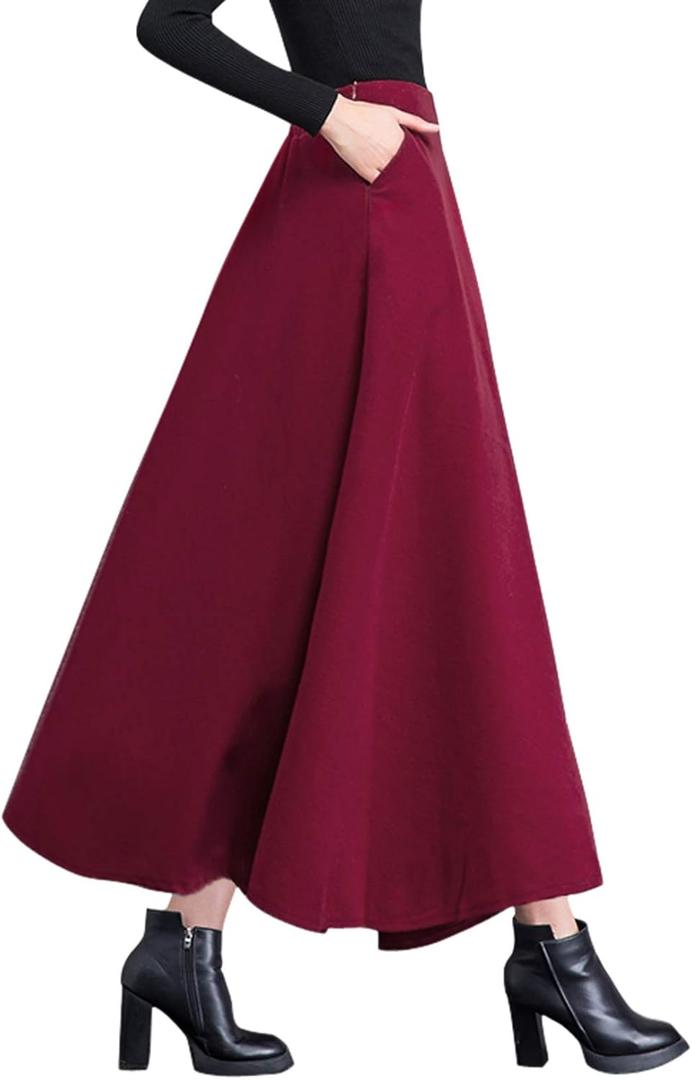 chouyatou Women's Fall Winter A-Line Swing Pleated Long Maxi Wool Skater Skirt (Pocket-wine) L