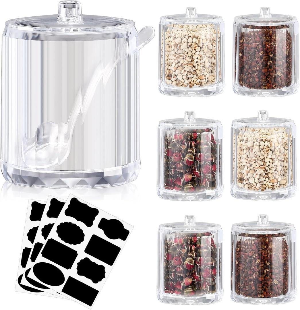 Tioncy 6 Pcs Ice Cream Bar Supplies Sugar Bowls Lid Spoon,8 Oz,Clear | Acrylic Candy Dispenser, Party Hot Chocolate Coffee Bar, Sundae Caramel Apple Dipping Container, Includes Labels