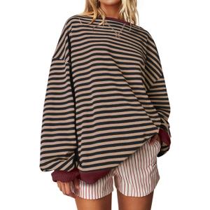 UEU Women Oversized Striped Crewneck Sweatshirt Long Sleeve Color Block Pullover Tops Casual Loose Workout Shirt (Large, Black Coffee Stripe)